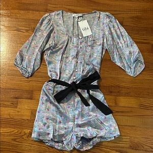 Tibi Multicolor Floral Romper with Black Bow